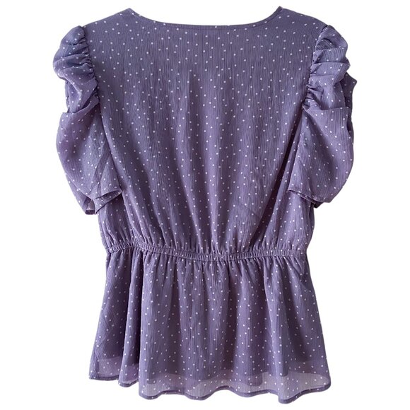 Maurices Women's Polka Dot Mesh Ruched Sleeve Peplum Blouse Size Medium - Picture 2 of 7